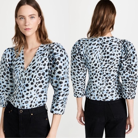 GANNI NWT Jacquard V-Neck Puff Sleeve‎ Blouse in Leopard Print Size 34 XS - Picture 1 of 13